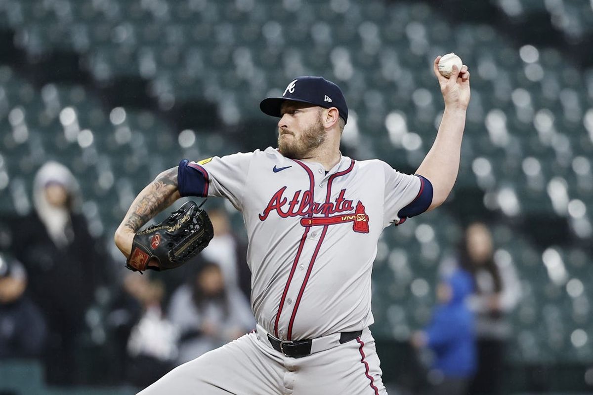 Apr 1, 2024; Chicago, Illinois, USA; Atlanta Braves relief pitcher Tyler Matzek (68) pitches against the Chicago White Sox during the ninth inning at Guaranteed Rate Field. Mandatory Credit: Kamil Krzaczynski-Imagn Images