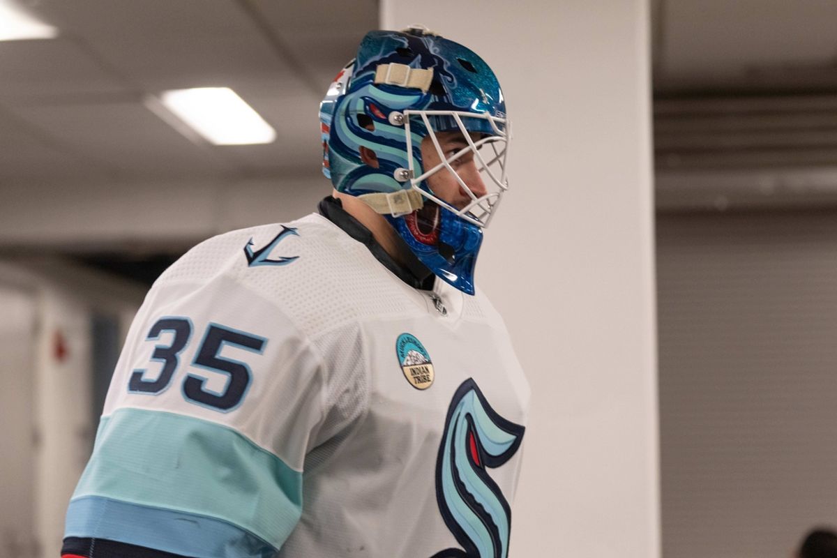 Apr 1, 2024; San Jose, California, USA;  Seattle Kraken goaltender Joey Daccord (35) walks out onto the ice for warmups before the start of the first period against the San Jose Sharks at SAP Center at San Jose. Mandatory Credit: Stan Szeto-Imagn Images
