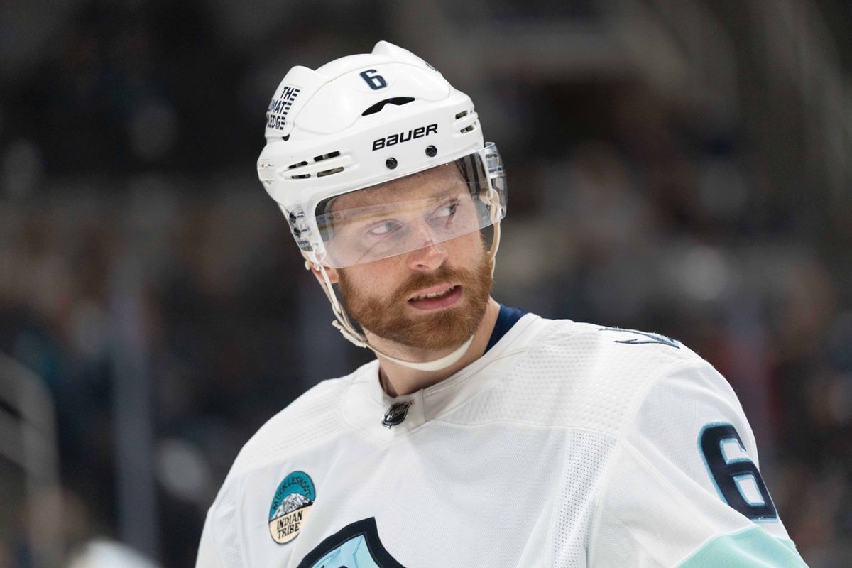 Apr 1, 2024; San Jose, California, USA; Seattle Kraken defenseman Adam Larsson (6) during the second period against the San Jose Sharks at SAP Center at San Jose. Mandatory Credit: Stan Szeto-Imagn Images