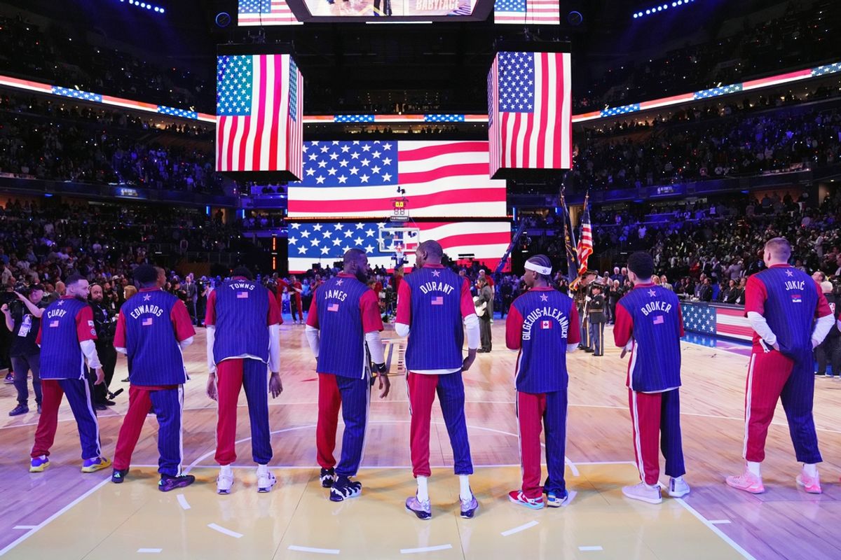 Feb 18, 2024; Indianapolis, Indiana, USA; Western Conference players during the national anthem before the 73rd NBA All Star game at Gainbridge Fieldhouse. Mandatory Credit: Kyle Terada-Imagn Images