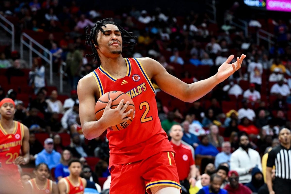 Apr 2, 2024; Houston, TX, USA; McDonald's All American West guard Dylan Harper (2) reacts after being fouled during the second half against the McDonald's All American East at Toyota Center. Mandatory Credit: Maria Lysaker-USA TODAY Sports