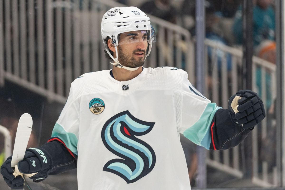 Apr 1, 2024; San Jose, California, USA;  Seattle Kraken center Matty Beniers (10) reacts after scoring a goal during the first period against the San Jose Sharks at SAP Center at San Jose. Mandatory Credit: Stan Szeto-USA TODAY Sports