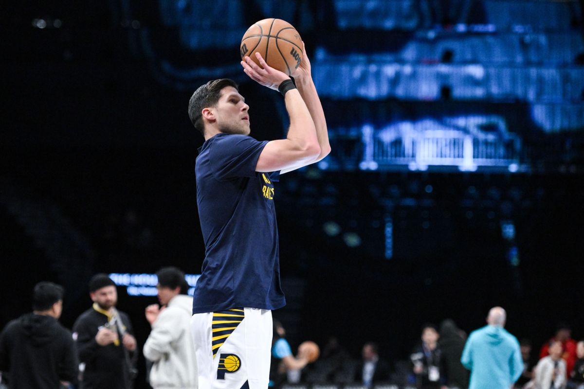 Apr 3, 2024; Brooklyn, New York, USA; Indiana Pacers forward Doug McDermott (20) warms up before a game against the Brooklyn Nets at Barclays Center. Mandatory Credit: John Jones-Imagn Images