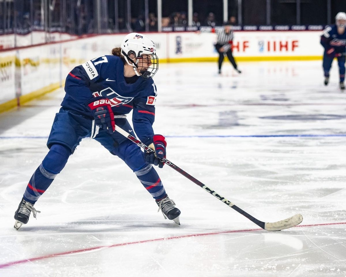 USA's Britta Curl looks for a pass at the Adirondack Bank Center in Utica, NY on Wednesday, April 3, 2024.