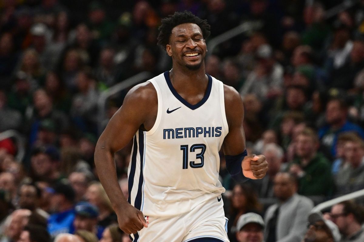 Apr 3, 2024; Milwaukee, Wisconsin, USA; Memphis Grizzlies forward Jaren Jackson Jr. (13) reacts in the third quarter against the Milwaukee Bucks at Fiserv Forum. Mandatory Credit: Benny Sieu-Imagn Images