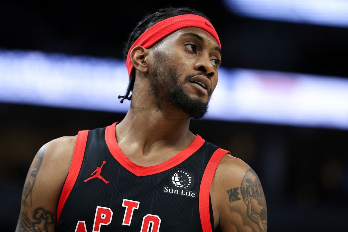 Apr 3, 2024; Minneapolis, Minnesota, USA; Toronto Raptors forward Jalen McDaniels (2) looks on during the fourth quarter against the Minnesota Timberwolves at Target Center. Mandatory Credit: Matt Krohn-Imagn Images
