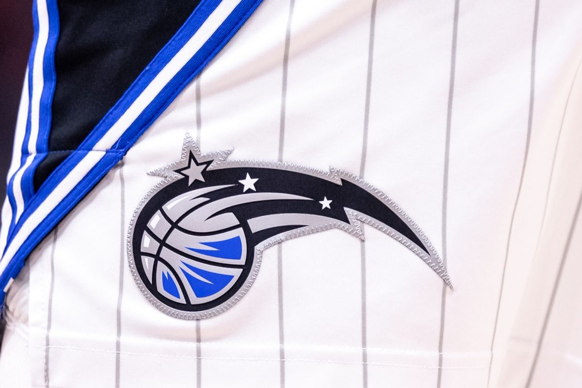 Apr 3, 2024; New Orleans, Louisiana, USA;  Detailed view of the Orlando Magic logo against the New Orleans Pelicans during the second half at Smoothie King Center. Mandatory Credit: Stephen Lew-USA TODAY Sports