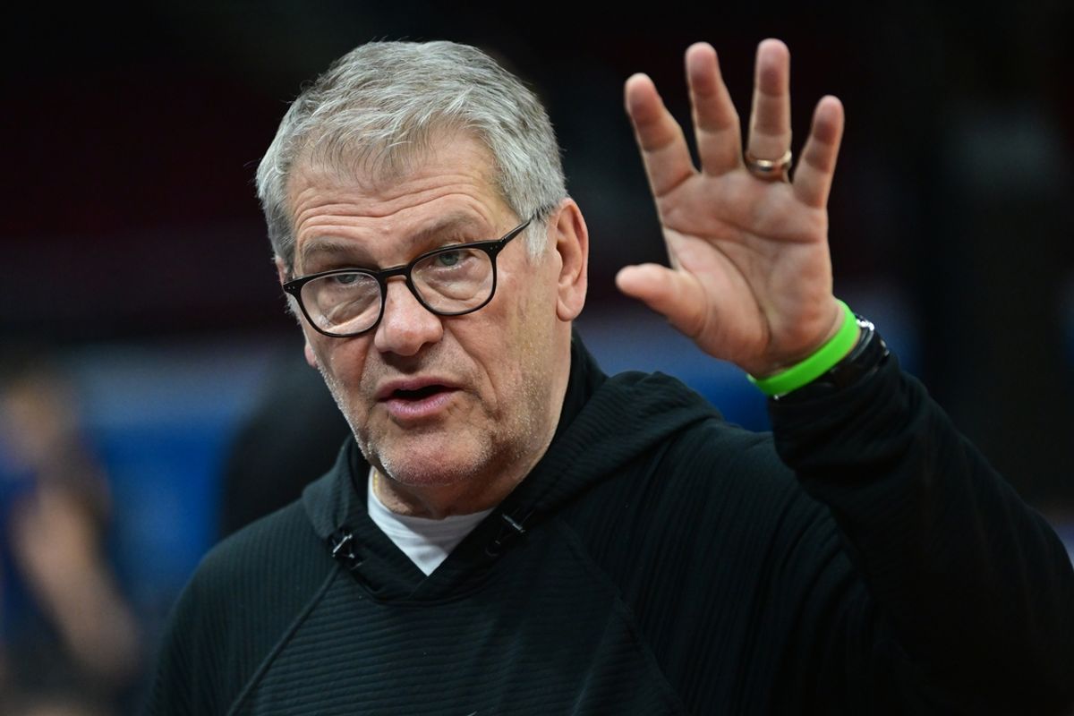 Apr 4, 2024; Cleveland, OH, USA; UConn Huskies head coach Geno Auriemma talks to the media during a practice session at Rocket Mortgage FieldHouse. Mandatory Credit: Ken Blaze-Imagn Images