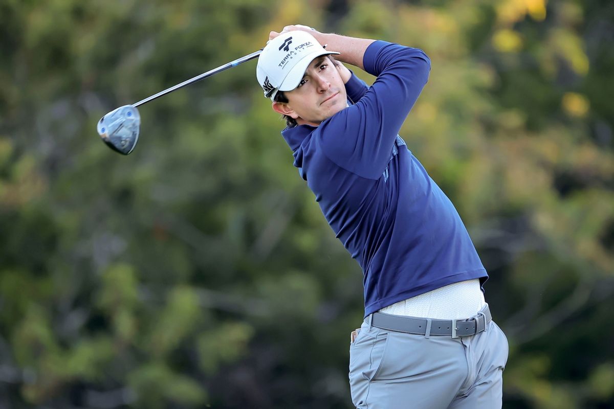Apr 4, 2024; San Antonio, Texas, USA; Nico Echavarria of Colombia hits a tee shot on the first hole during the first round of the Valero Texas Open golf tournament. Mandatory Credit: Erik Williams-Imagn Images
