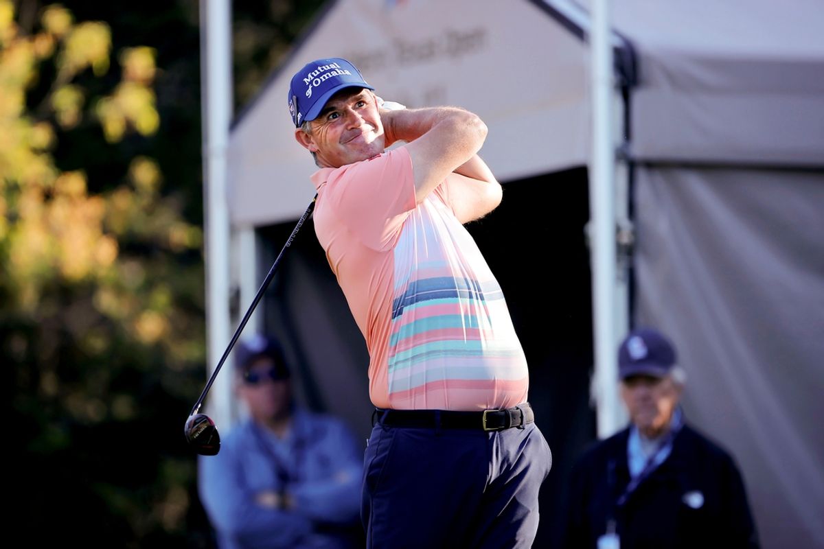 Apr 4, 2024; San Antonio, Texas, USA; Padraig Harrington of Ireland hits a tee shot on the first hole during the first round of the Valero Texas Open golf tournament. Mandatory Credit: Erik Williams-Imagn Images