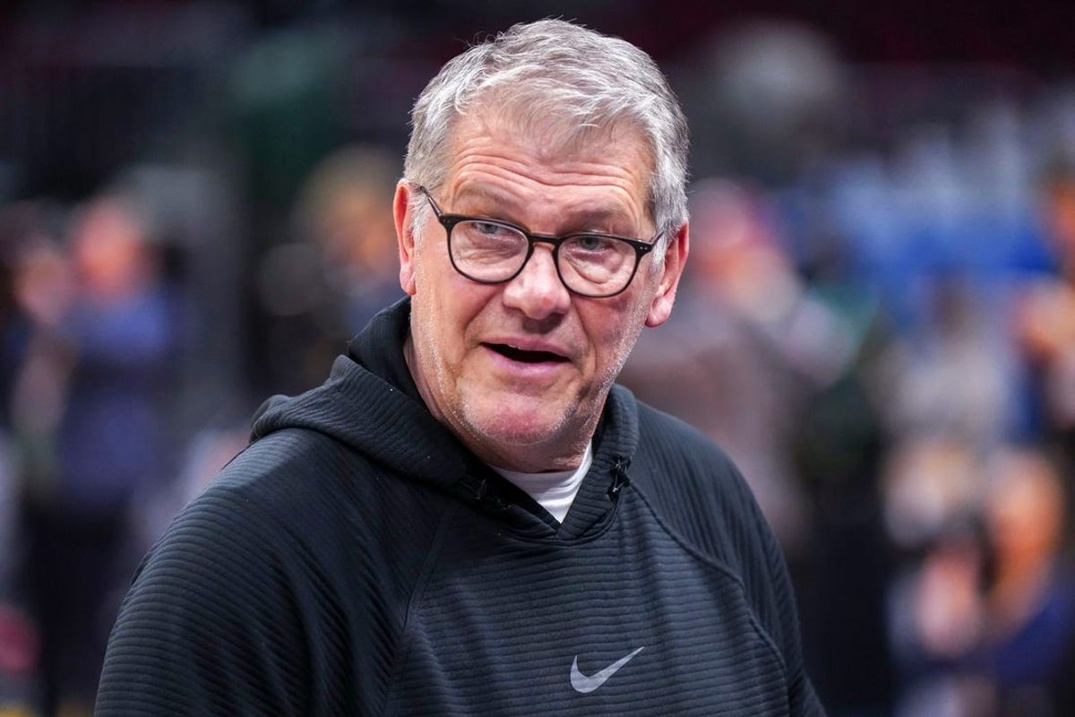 Apr 4, 2024; Cleveland, OH, USA; UConn Huskies coach Geno Auriemma during practice at Rocket Mortgage FieldHouse. Mandatory Credit: Kirby Lee-USA TODAY Sports