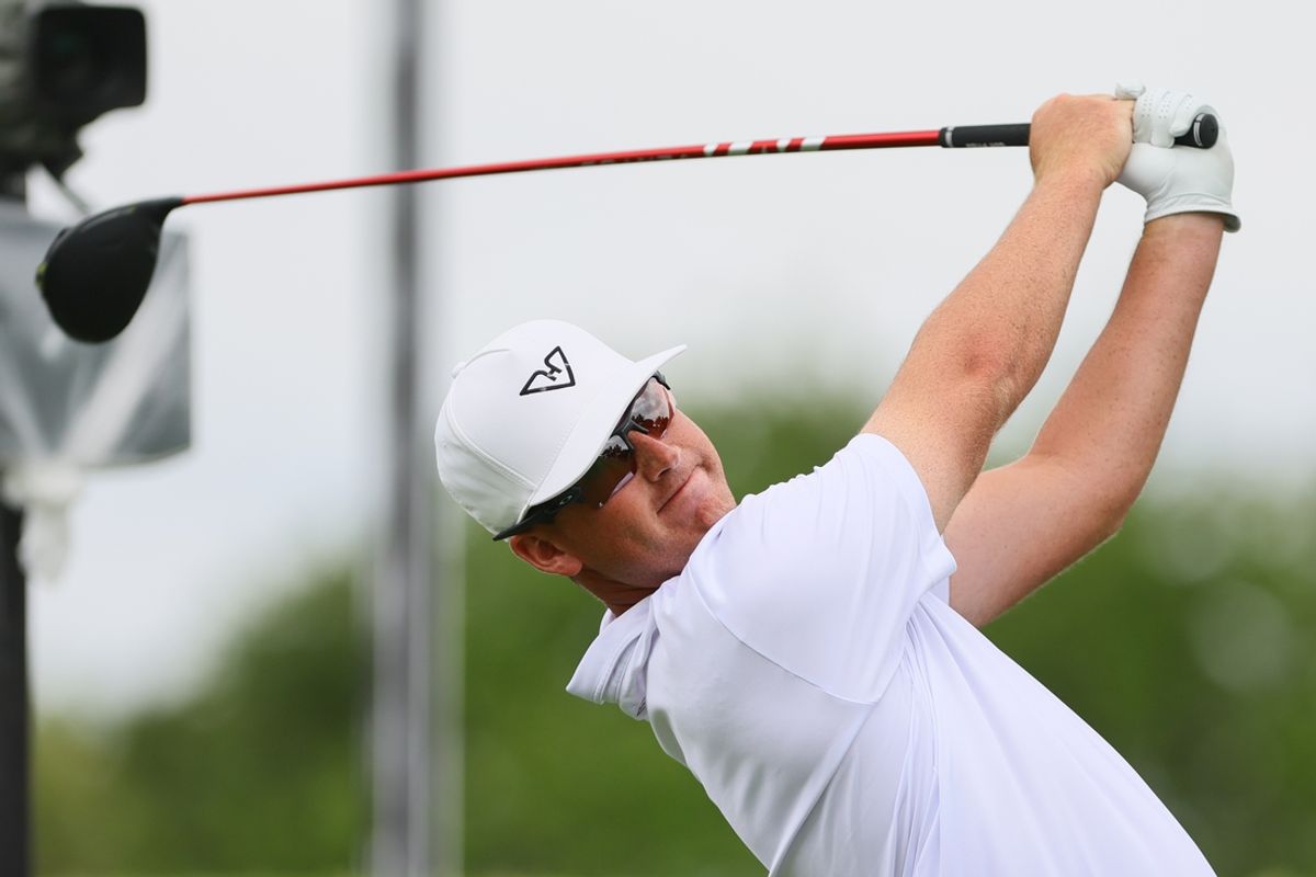 Apr 4, 2024; Miami, Florida, USA; Andy Ogletree plays his shot on the fifth tee during the LIV Golf Miami ProAm at Trump National Doral. Mandatory Credit: Sam Navarro-USA TODAY Sports
