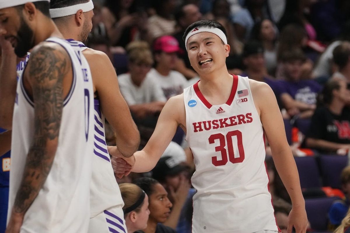 Nebraska guard Keisei Tominaga (30) competes in the 3-point contest during the 2024 State Farm College Slam Dunk & 3-Point Championships at GCU in Phoenix on April 4, 2024.