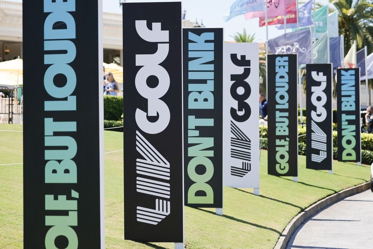 Apr 5, 2024; Miami, Florida, USA; The LIV Golf logo is seen on banners before the first round of LIV Golf Miami golf tournament at Trump National Doral. Mandatory Credit: Reinhold Matay-Imagn Images