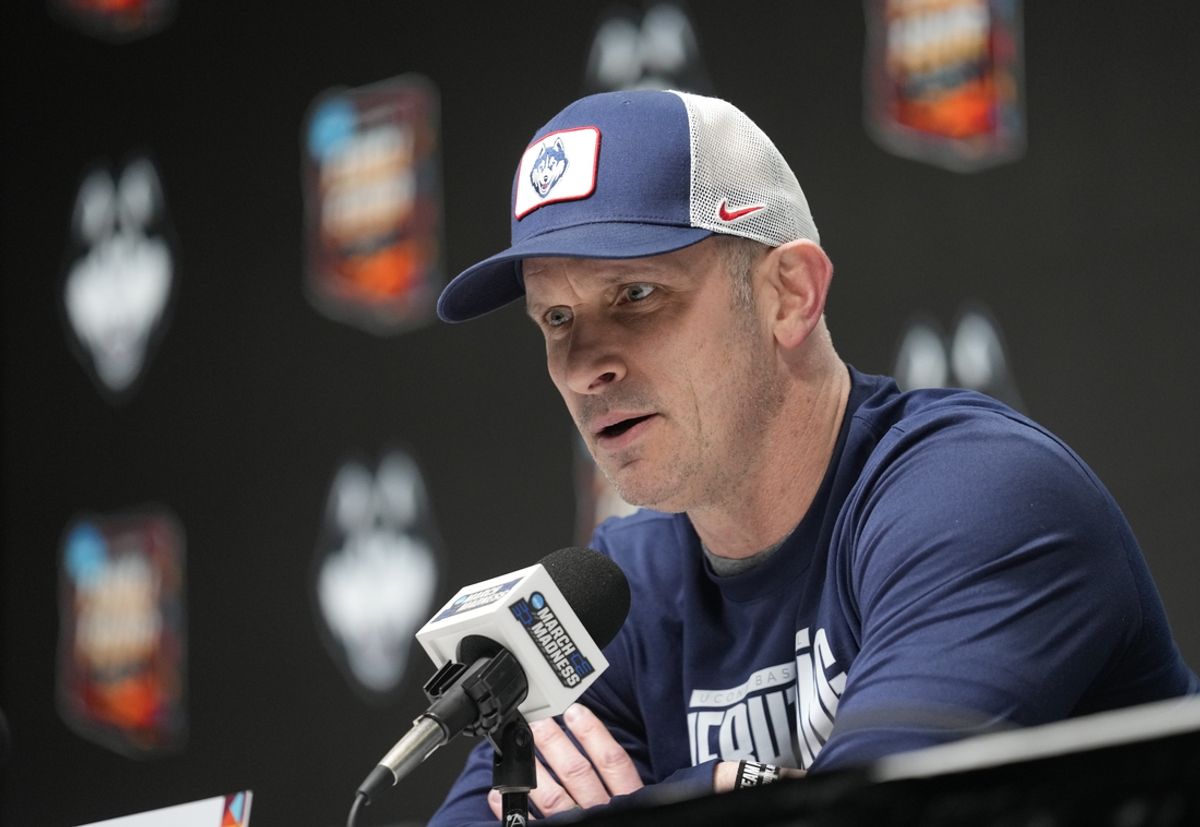 Apr 5, 2024; Glendale, AZ, USA; Connecticut Huskies head coach Dan Hurley speaks at a press conference during practice before the 2024 Final Four of the NCAA Tournament at State Farm Stadium. Mandatory Credit: Michael Chow/Arizona Republic-Imagn Images