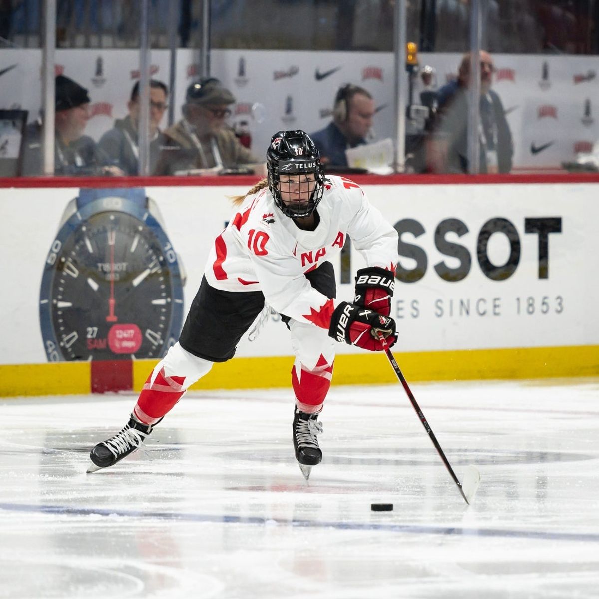 Canada's Sarah Fillier advances the puck at the Adirondack Bank Center in Utica, NY on Friday, April 5, 2024.