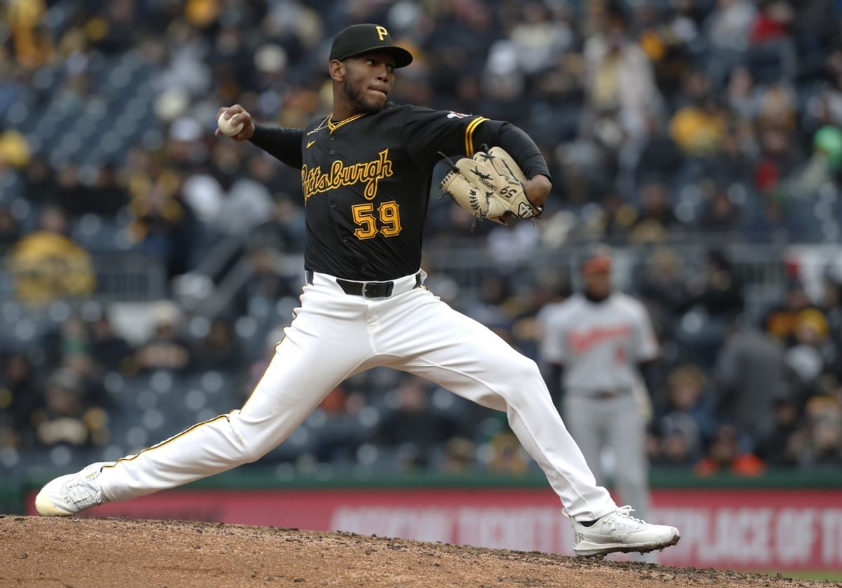 Apr 5, 2024; Pittsburgh, Pennsylvania, USA;  Pittsburgh Pirates relief pitcher Roansy Contreras (59) pitches against the Baltimore Orioles during the ninth inning at PNC Park. The Orioles won 5-2. Mandatory Credit: Charles LeClaire-Imagn Images