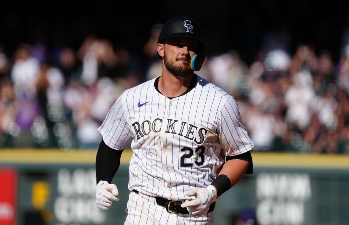 Apr 5, 2024; Denver, Colorado, USA; Colorado Rockies outfielder Kris Bryant (23) runs off a two run home run in the sixth inning against the Tampa Bay Rays at Coors Field. Mandatory Credit: Ron Chenoy-USA TODAY Sports