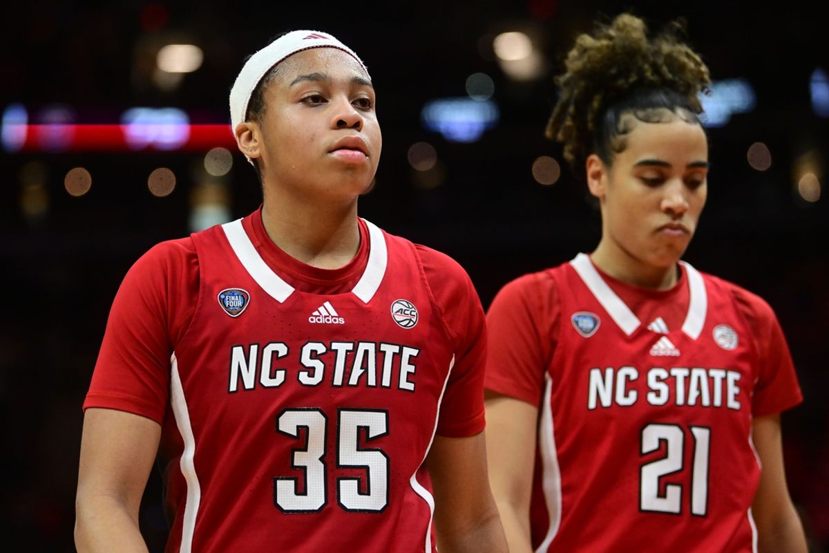 Apr 5, 2024; Cleveland, OH, USA; NC State Wolfpack guard Zoe Brooks (35) reacts after losing to the South Carolina Gamecocks in the semifinals of the Final Four of the womens 2024 NCAA Tournament at Rocket Mortgage FieldHouse. Mandatory Credit: Ken Blaze-Imagn Images