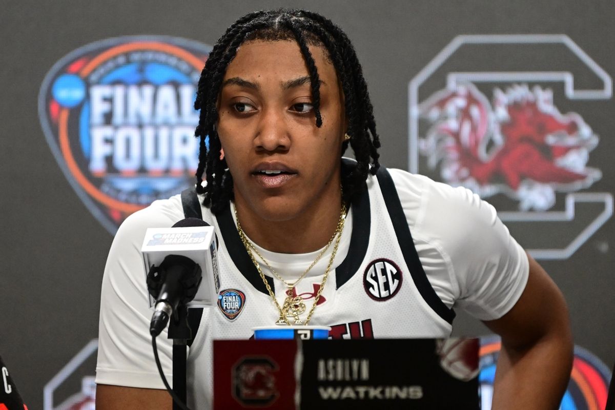 Apr 5, 2024; Cleveland, OH, USA; South Carolina Gamecocks forward Ashlyn Watkins (2) talks to the media after defeating the NC State Wolfpack in the semifinals of the Final Four of the womens 2024 NCAA Tournament at Rocket Mortgage FieldHouse. Mandatory Credit: Ken Blaze-Imagn Images