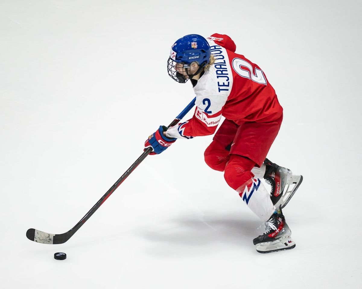 Czechia's Aneta Tejralova controls the puck at the Adirondack Bank Center in Utica, NY on Friday, April 5, 2024.