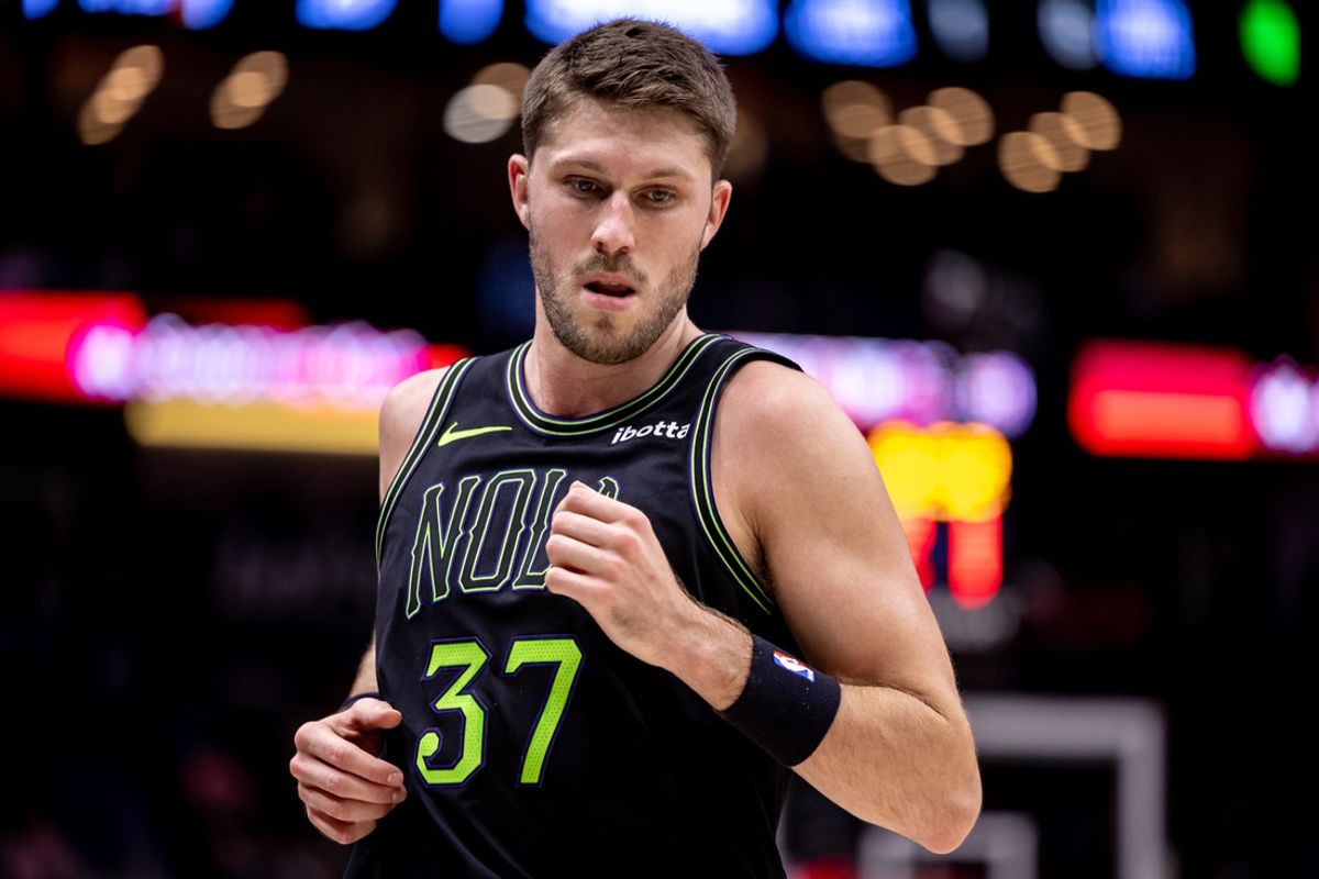 Apr 5, 2024; New Orleans, Louisiana, USA;  New Orleans Pelicans forward Matt Ryan (37) looks on against the San Antonio Spurs during the first half at Smoothie King Center. Mandatory Credit: Stephen Lew-USA TODAY Sports