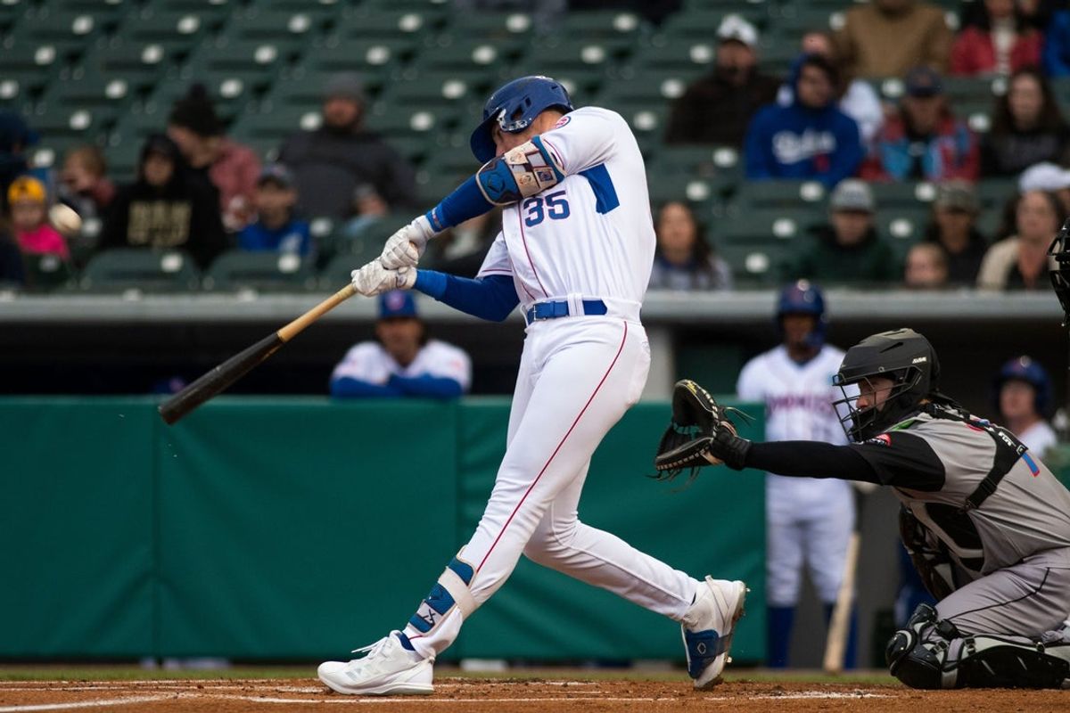 Tennessee Smokies' infielder Haydn McGeary (35) hits the ball during the last opening day game at the Tennessee Smokies Stadium on Friday, April 5, 2024 in Kodak, Tenn.