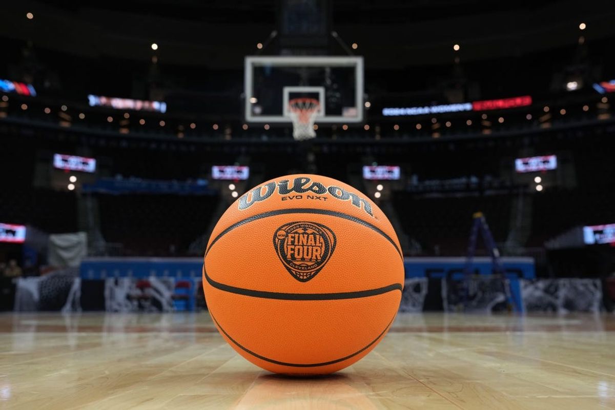 Apr 6, 2024; Cleveland, OH, USA; A Wilson official Evo NXT basketball with NCAA Women's Final Four logo at Rocket Mortgage FieldHouse. Mandatory Credit: Kirby Lee-USA TODAY Sports