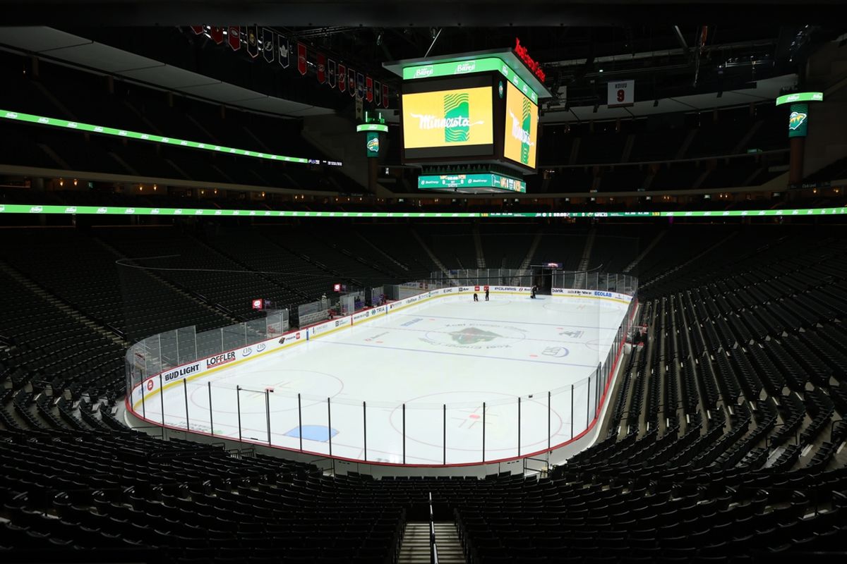 Apr 6, 2024; Saint Paul, Minnesota, USA;  general view of Xcel Energy ice surface prior to a game between the Winnipeg Jets and the Minnesota Wild at Xcel Energy Center. Mandatory Credit: Bruce Fedyck-Imagn Images