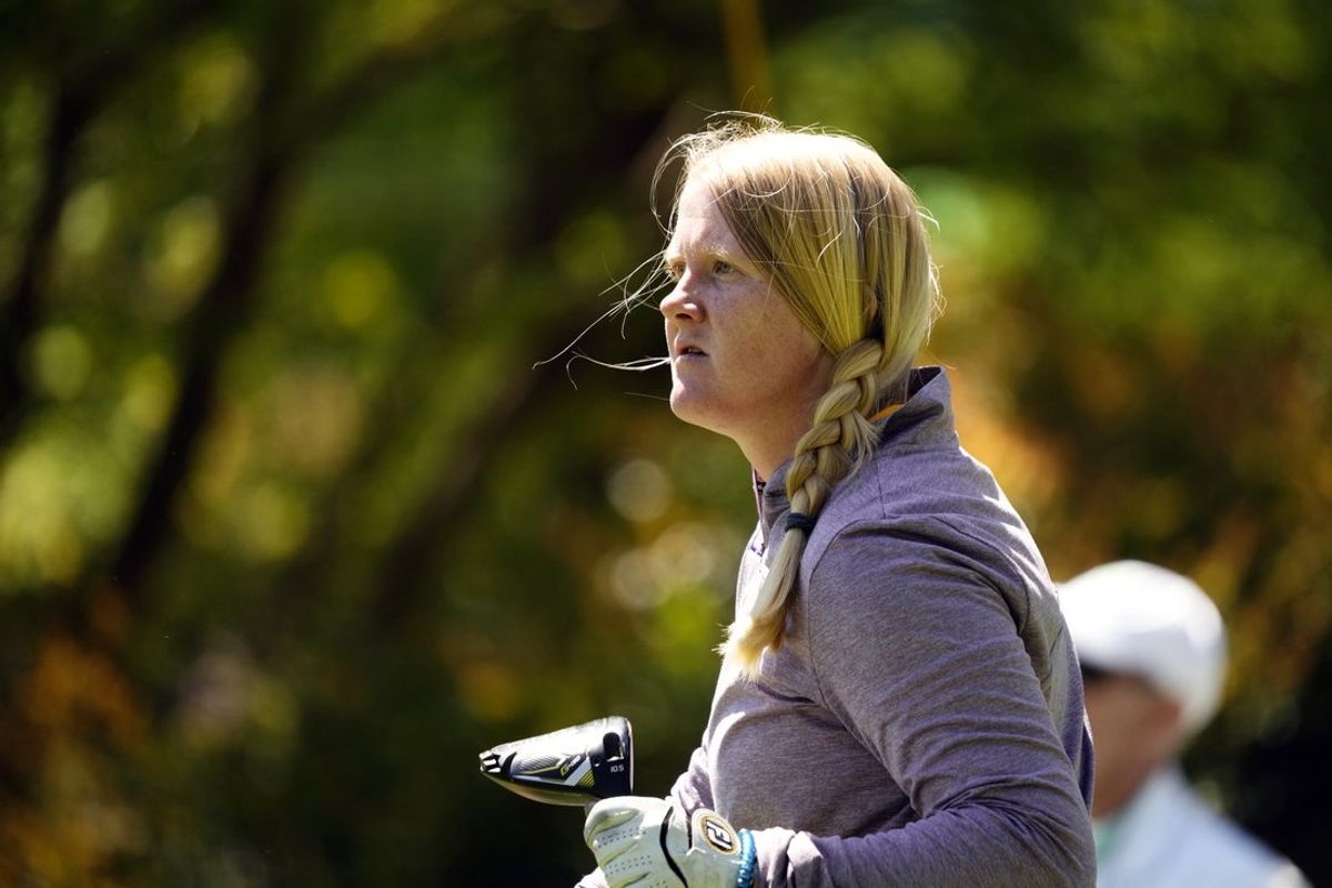 Apr 6, 2024; Augusta, Georgia, USA; Ingrid Lindblad watches her tee shot on no. 17 during the final round of the Augusta National Women's Amateur golf tournament at Augusta National Golf Club. Mandatory Credit: Rob Schumacher-Imagn Images