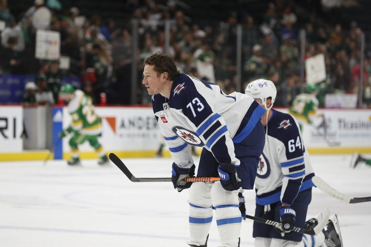 Apr 6, 2024; Saint Paul, Minnesota, USA; Winnipeg Jets right wing Tyler Toffoli (73) warms up before a game against the Minnesota Wild at Xcel Energy Center. Mandatory Credit: Bruce Fedyck-USA TODAY Sports
