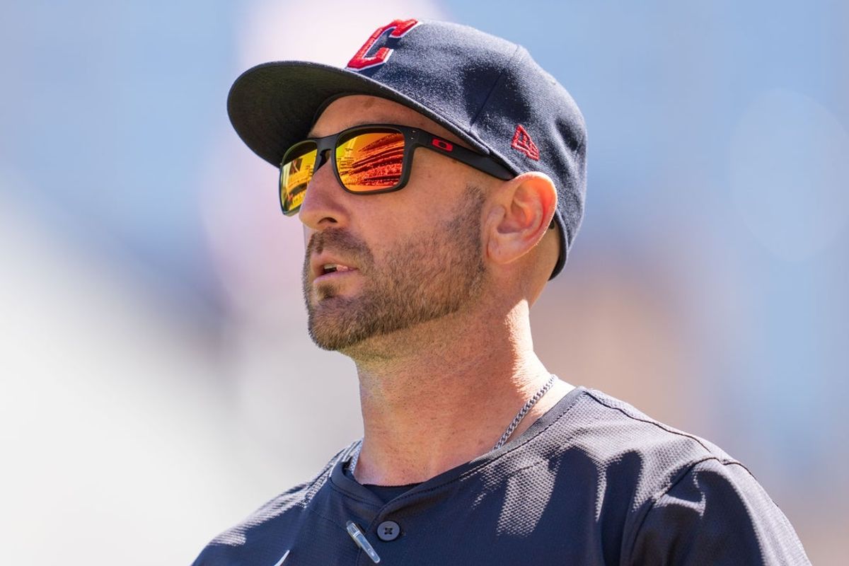 Apr 6, 2024; Minneapolis, Minnesota, USA; Cleveland Guardians bench coach Craig Albernaz (55) walks to the dugout after meeting with the umpires before the game against the Minnesota Twins at Target Field. Mandatory Credit: Matt Blewett-Imagn Images
