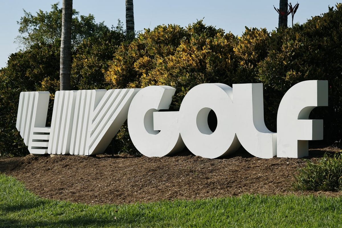Apr 6, 2024; Miami, Florida, USA; The LIV Golf logo is on display along the 10th hole during the second round of LIV Golf Miami golf tournament at Trump National Doral. Mandatory Credit: Reinhold Matay-Imagn Images