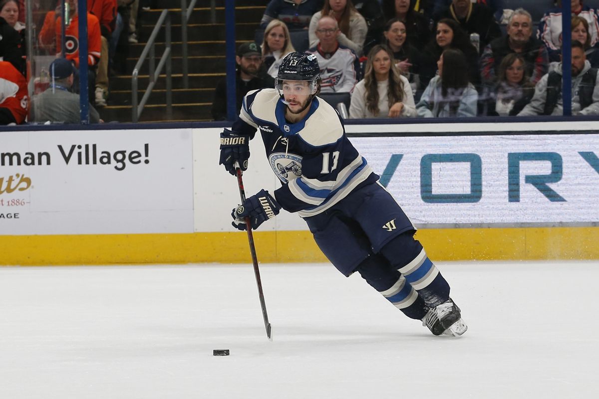 Apr 6, 2024; Columbus, Ohio, USA; Columbus Blue Jackets left wing Johnny Gaudreau (13) carries the puck against the Philadelphia Flyers during the first period at Nationwide Arena. Mandatory Credit: Russell LaBounty-USA TODAY Sports