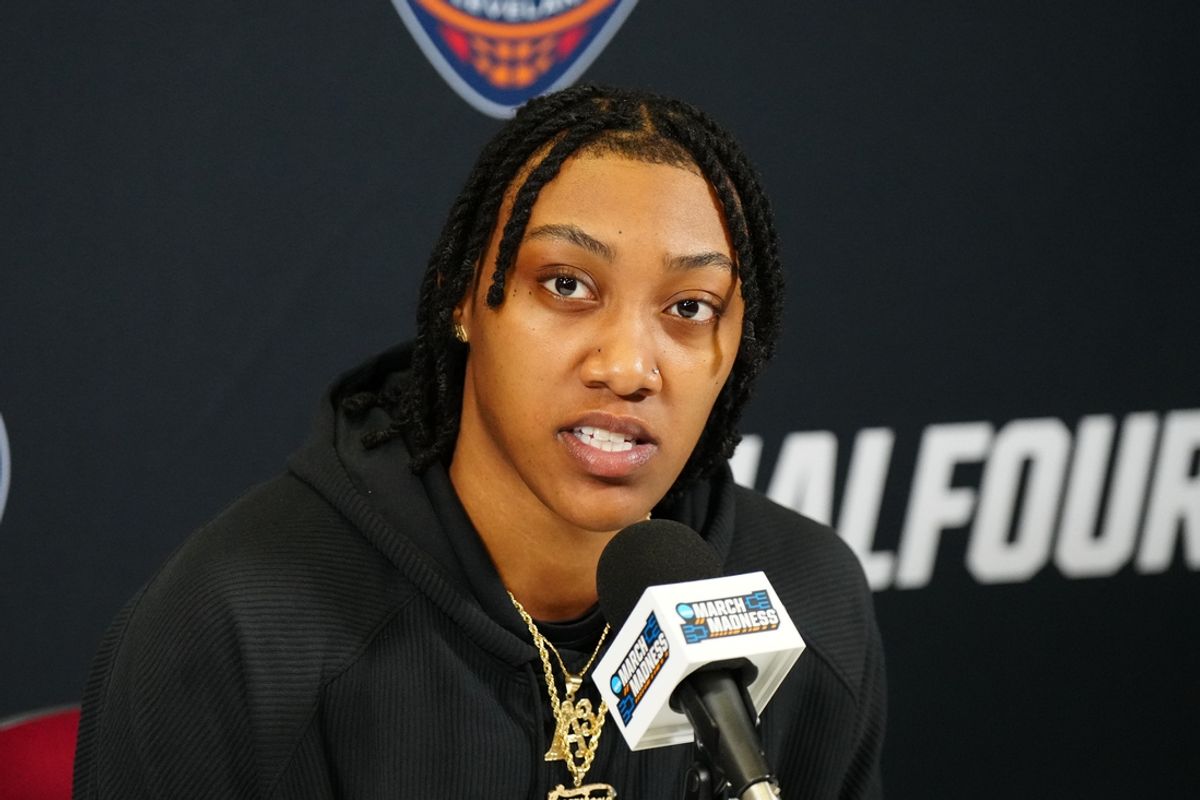 Apr 6, 2024; Cleveland, OH, USA; South Carolina Gamecocks forward Ashlyn Watkins speaks with media during a press conference at Rocket Mortgage FieldHouse. Mandatory Credit: Kirby Lee-USA TODAY Sports