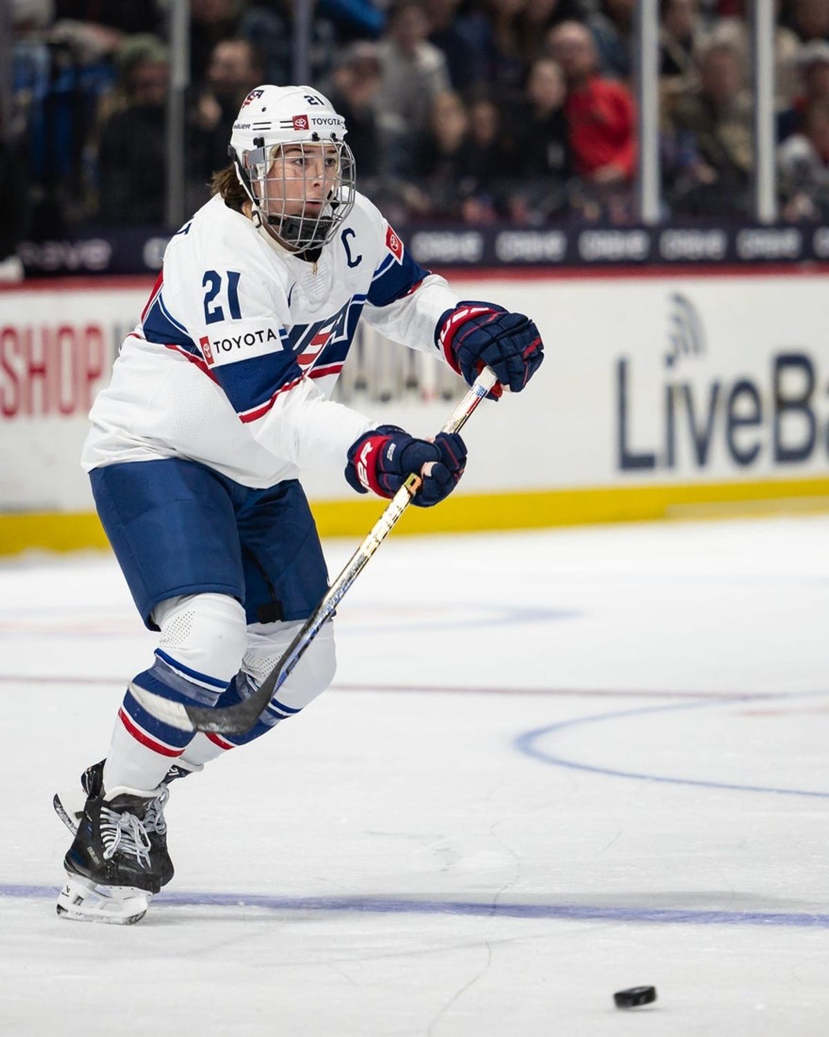 USA's Hilary Knight passes the puck at the Adirondack Bank Center in Utica, NY on Saturday, April 6, 2024.