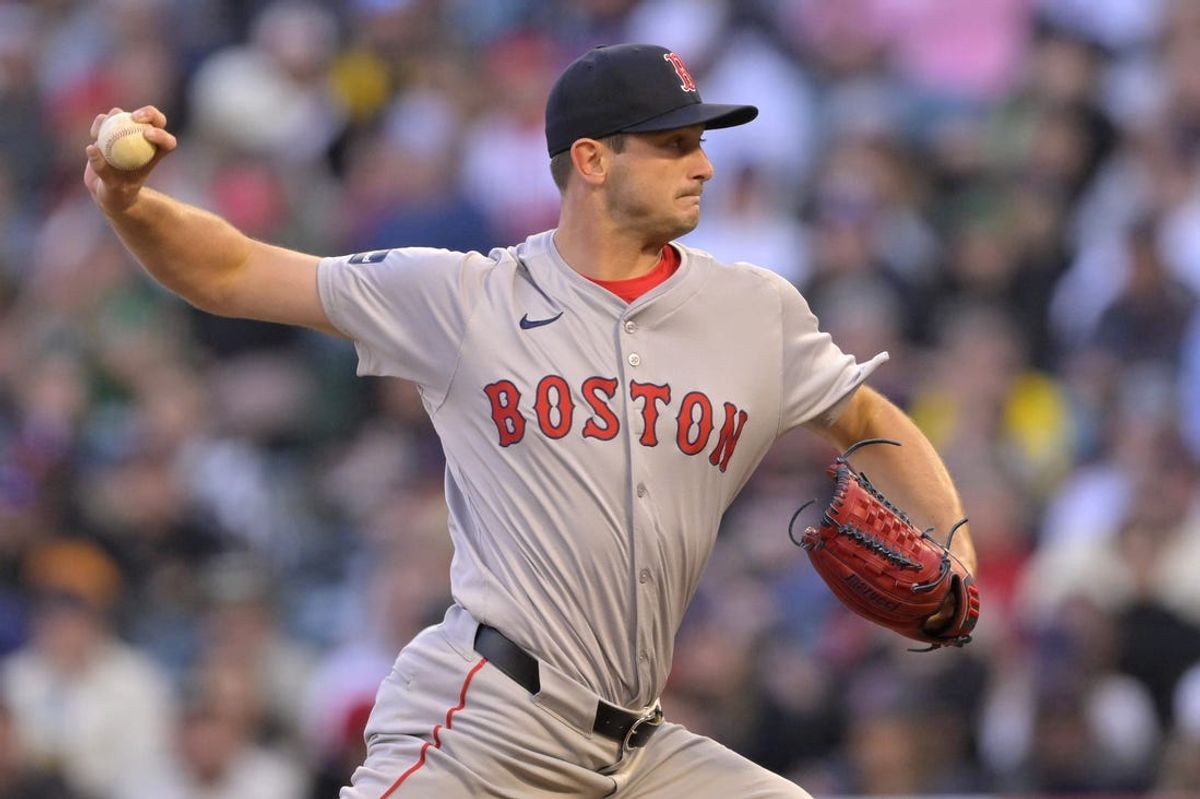 Apr 6, 2024; Anaheim, California, USA; Boston Red Sox pitcher Garrett Whitlock (22) delivers in the second inning against the Los Angeles Angels at Angel Stadium. Mandatory Credit: Jayne Kamin-Oncea-USA TODAY Sports