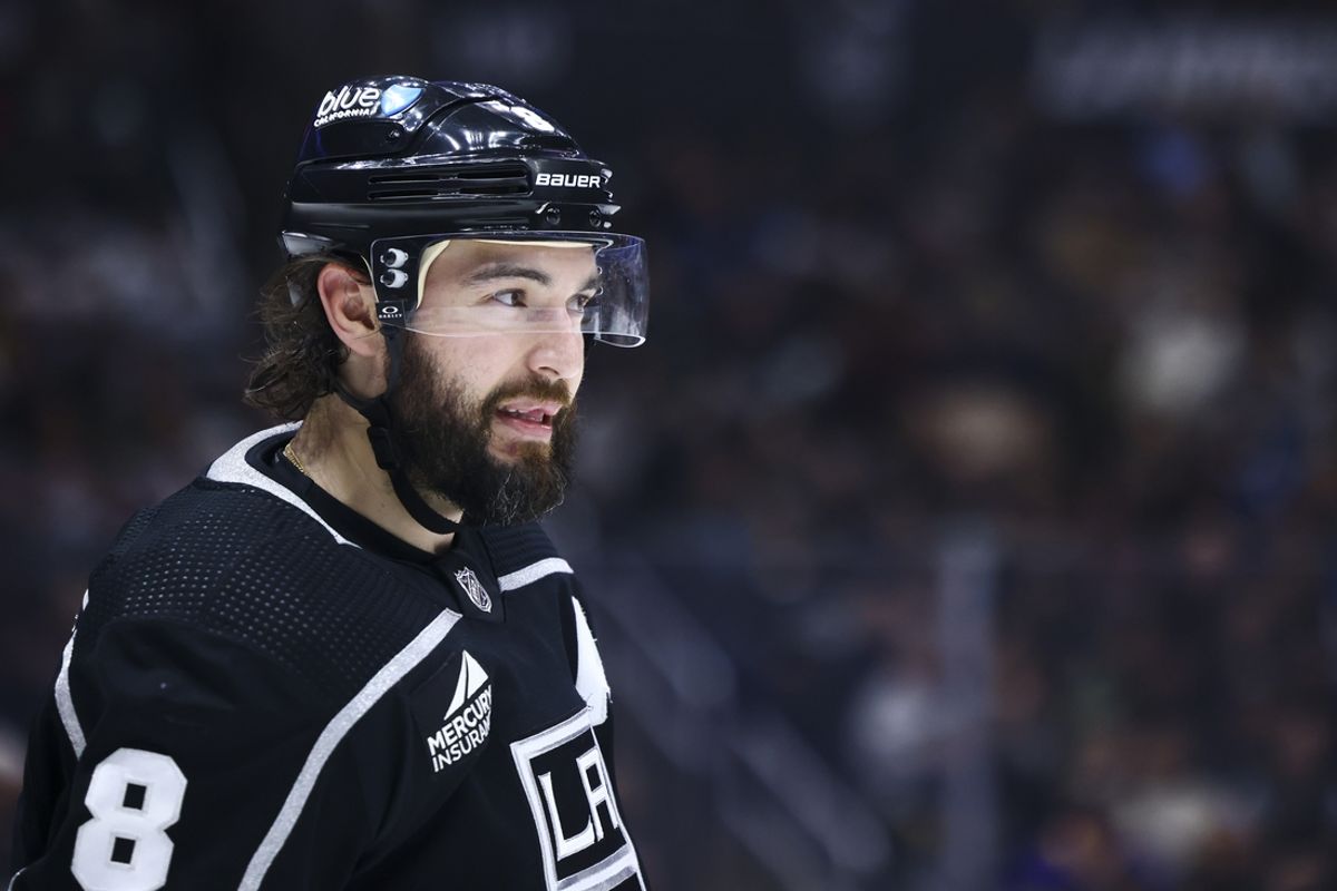 Apr 6, 2024; Los Angeles, California, USA; Los Angeles Kings defenseman Drew Doughty (8) looks on during the third period of a game against the Vancouver Canucks at Crypto.com Arena. Mandatory Credit: Jessica Alcheh-Imagn Images