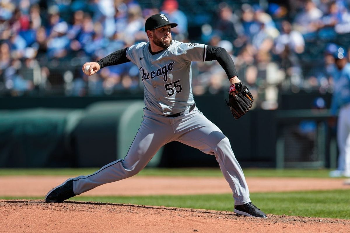 Apr 7, 2024; Kansas City, Missouri, USA; Chicago White Sox pitcher Dominic Leone (55) pitching during the eighth inning against the Kansas City Royals at Kauffman Stadium. Mandatory Credit: William Purnell-USA TODAY Sports