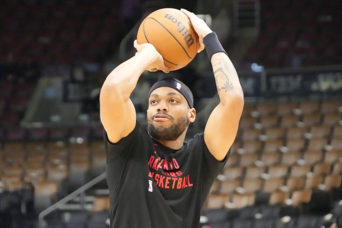 Apr 7, 2024; Toronto, Ontario, CAN; Toronto Raptors guard Bruce Brown (11) goes to shoot a basket during warm up before a game against the Washington Wizards at Scotiabank Arena. Mandatory Credit: John E. Sokolowski-Imagn Images