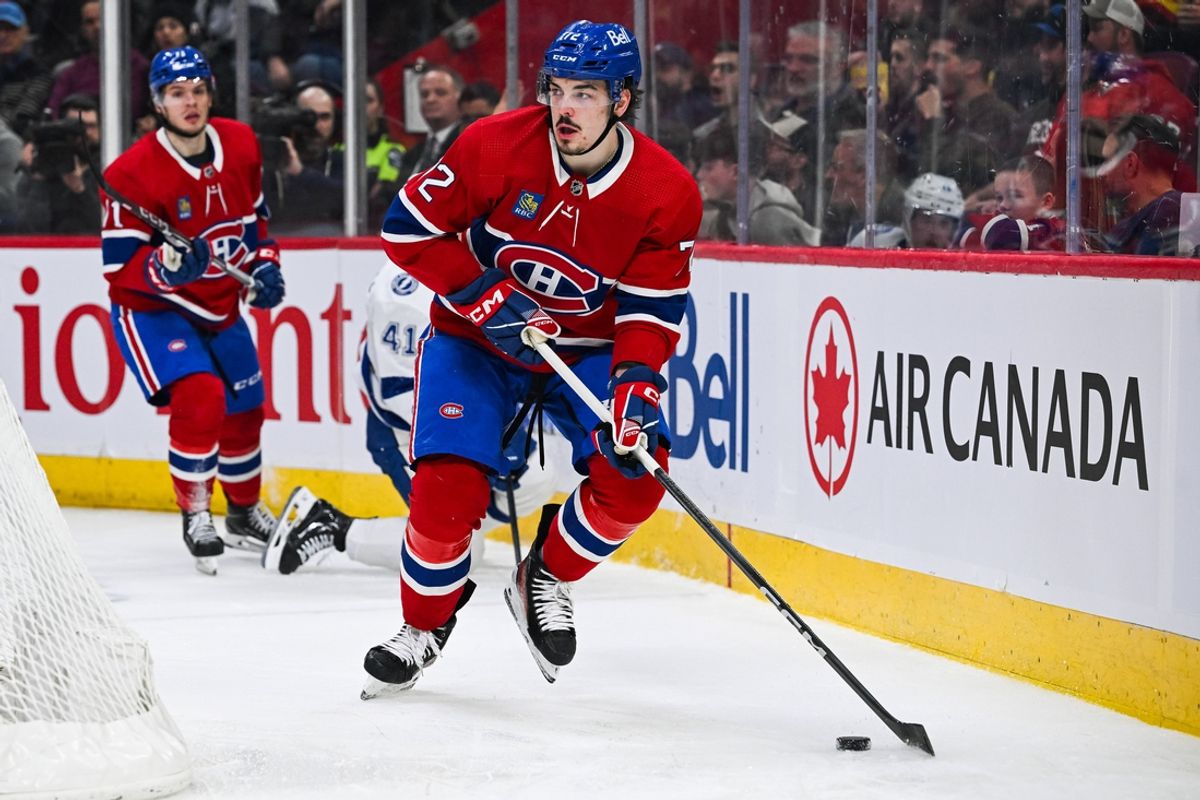 Apr 4, 2024; Montreal, Quebec, CAN; Montreal Canadiens defenseman Arber Xhekaj (72) plays the puck against the Tampa Bay Lightning during the second period at Bell Centre. Mandatory Credit: David Kirouac-USA TODAY Sports