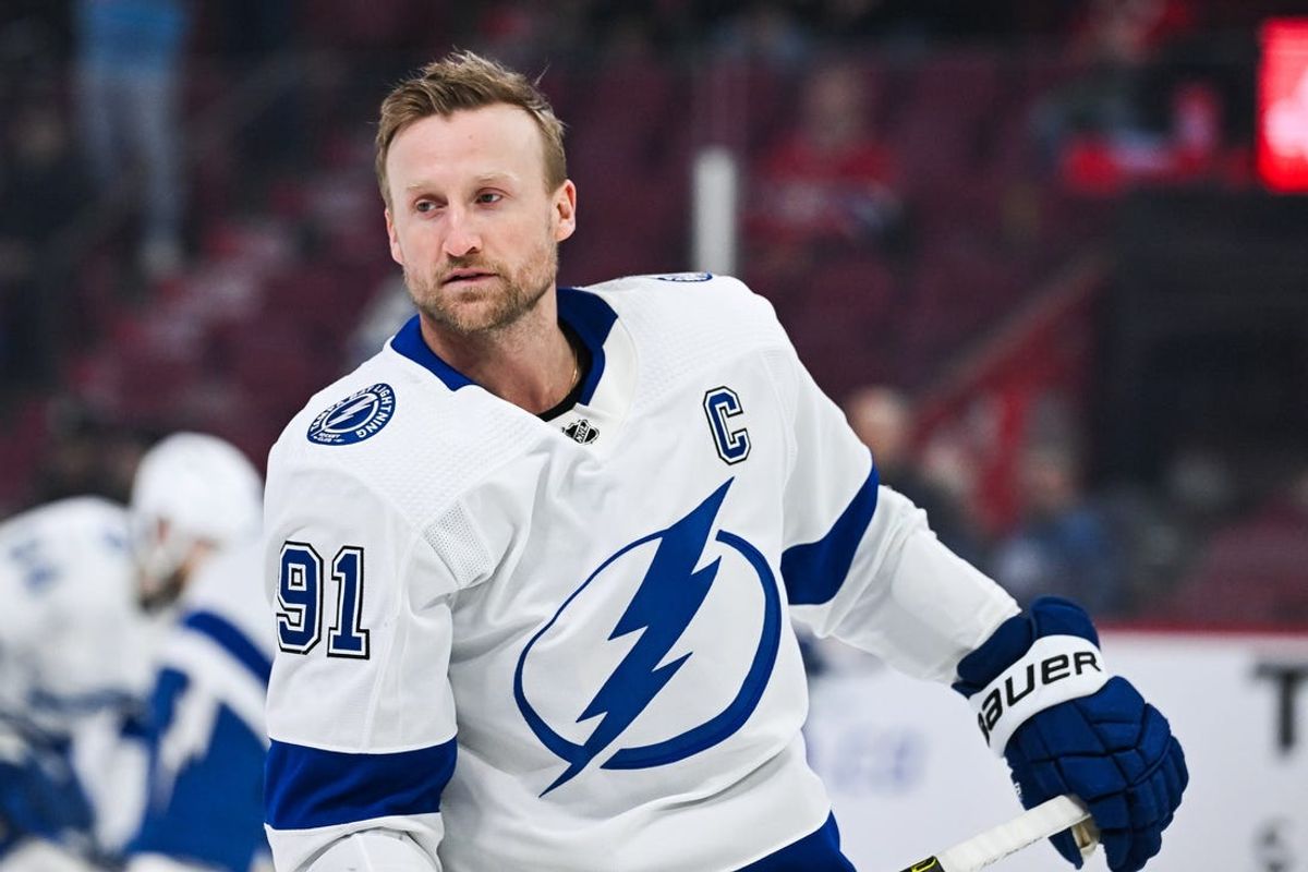 Apr 4, 2024; Montreal, Quebec, CAN; Tampa Bay Lightning center Steven Stamkos (91) looks on during warm-up before the game against the Montreal Canadiens at Bell Centre. Mandatory Credit: David Kirouac-USA TODAY Sports