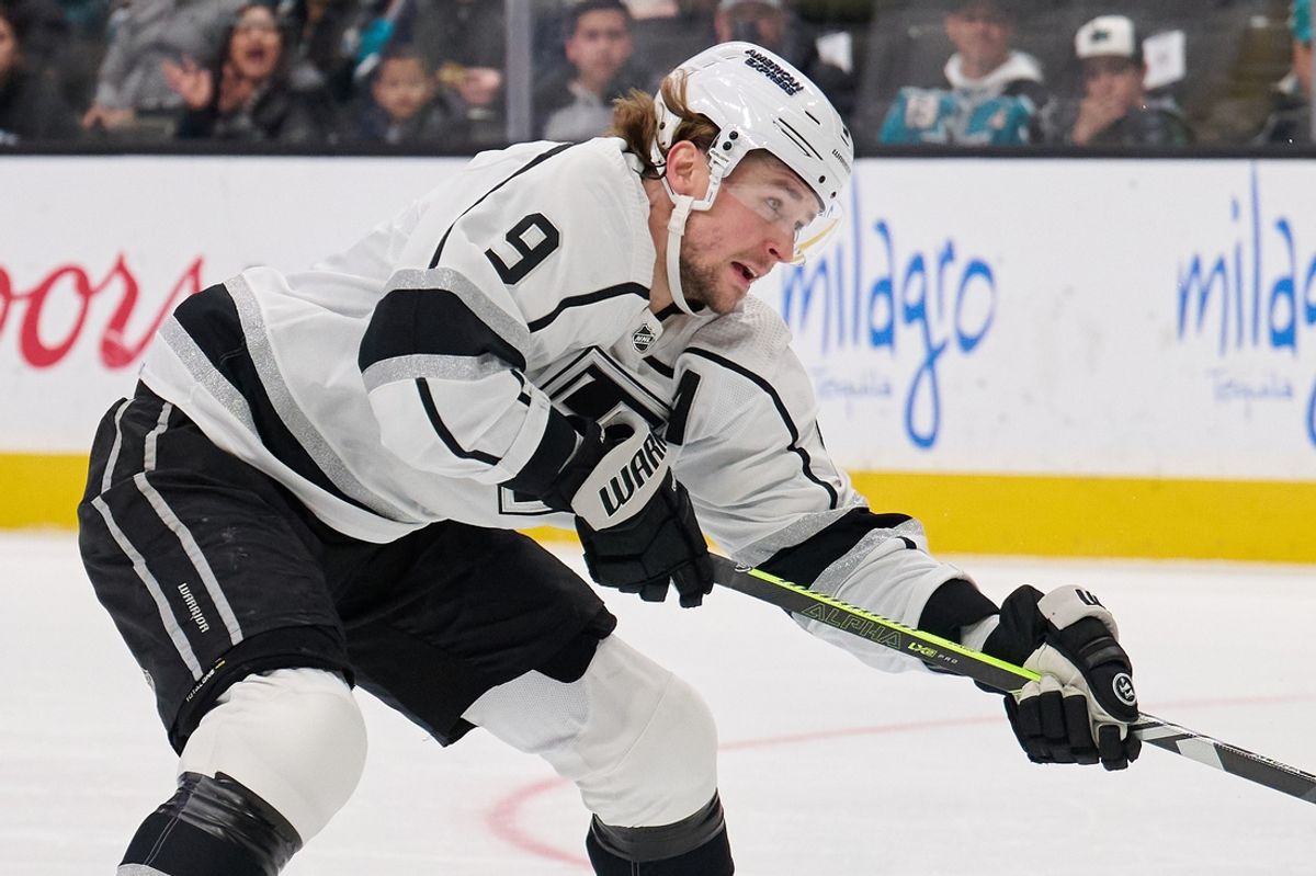 Apr 4, 2024; San Jose, California, USA; Los Angeles Kings right wing Adrian Kempe (9) shoots the puck against the San Jose Sharks during the first period at SAP Center at San Jose. Mandatory Credit: Robert Edwards-Imagn Images