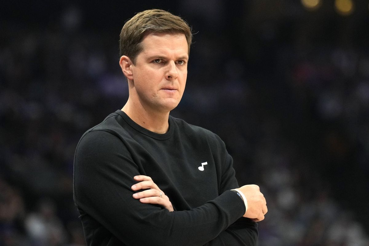 Mar 31, 2024; Sacramento, California, USA; Utah Jazz head coach Will Hardy during the first quarter against the Sacramento Kings at Golden 1 Center. Mandatory Credit: Darren Yamashita-Imagn Images
