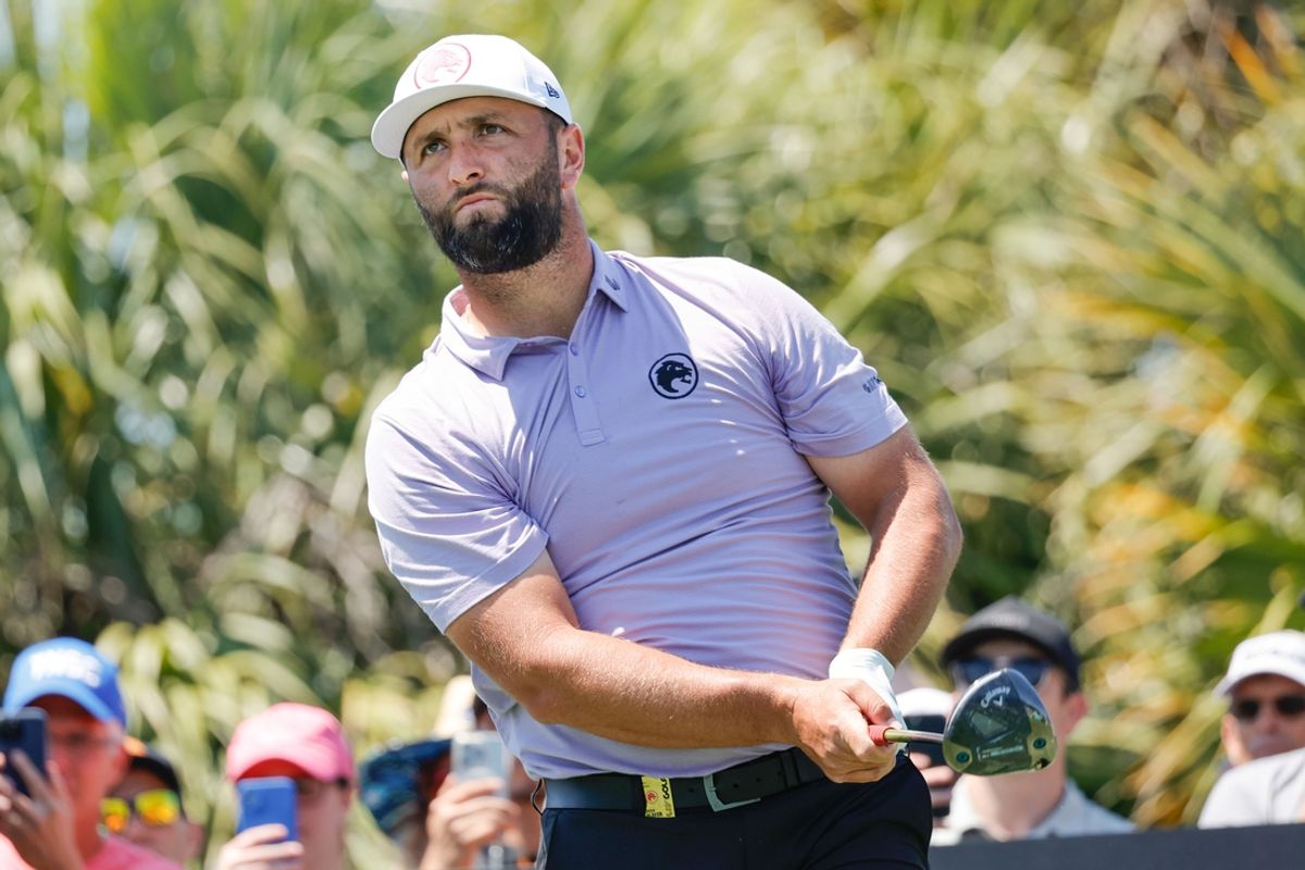 Apr 6, 2024; Miami, Florida, USA; Jon Rahm of Legion XIII plays his shot from the eighth tee during the second round of LIV Golf Miami golf tournament at Trump National Doral. Mandatory Credit: Reinhold Matay-USA TODAY Sports