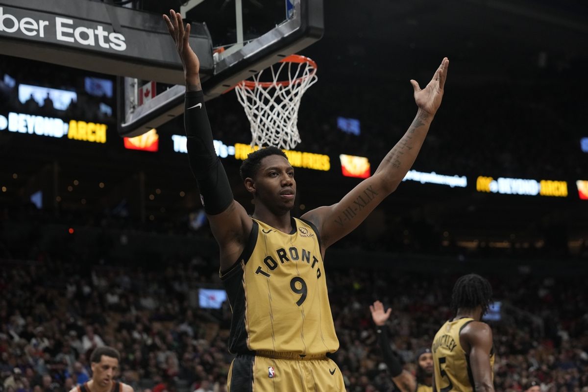 Apr 7, 2024; Toronto, Ontario, CAN; Toronto Raptors guard RJ Barrett (9) reacts after a play against the Washington Wizards during the first half at Scotiabank Arena. Mandatory Credit: John E. Sokolowski-USA TODAY Sports