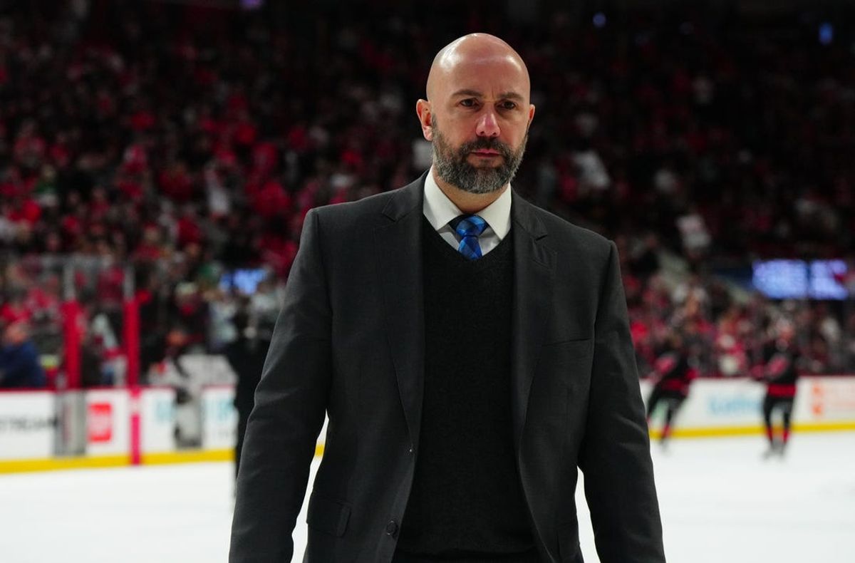 Apr 7, 2024; Raleigh, North Carolina, USA;  Columbus Blue Jackets head coach Pascal Vincent comes off the ice after their loss to the Carolina Hurricanes at PNC Arena. Mandatory Credit: James Guillory-USA TODAY Sports