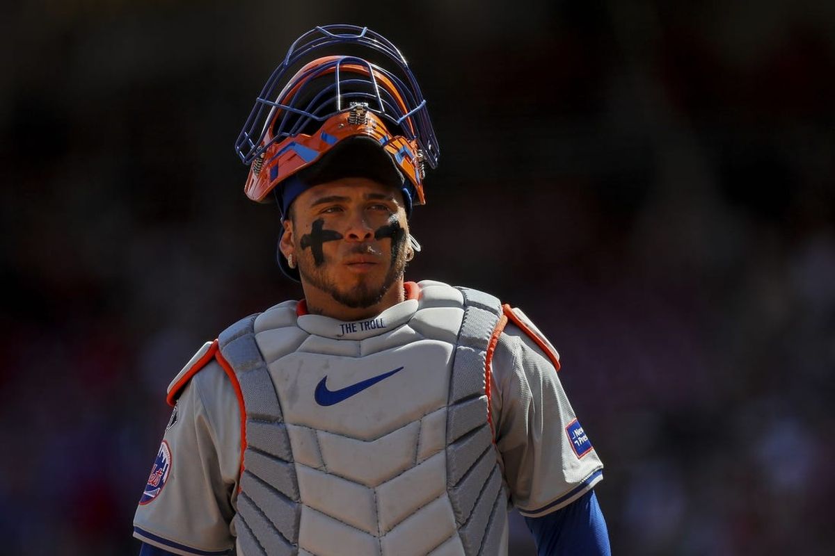 Apr 7, 2024; Cincinnati, Ohio, USA; New York Mets catcher Francisco Alvarez (4) during the seventh inning against the Cincinnati Reds at Great American Ball Park. Mandatory Credit: Katie Stratman-USA TODAY Sports