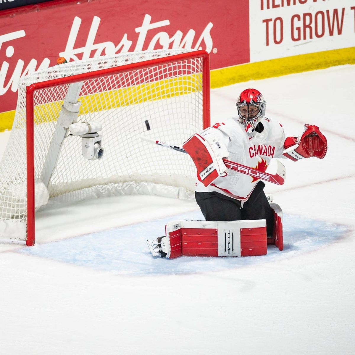 Canada's Ann-Renee Desbiens watches the puck go wide at the Adirondack Bank Center on Monday, April 8, 2024.