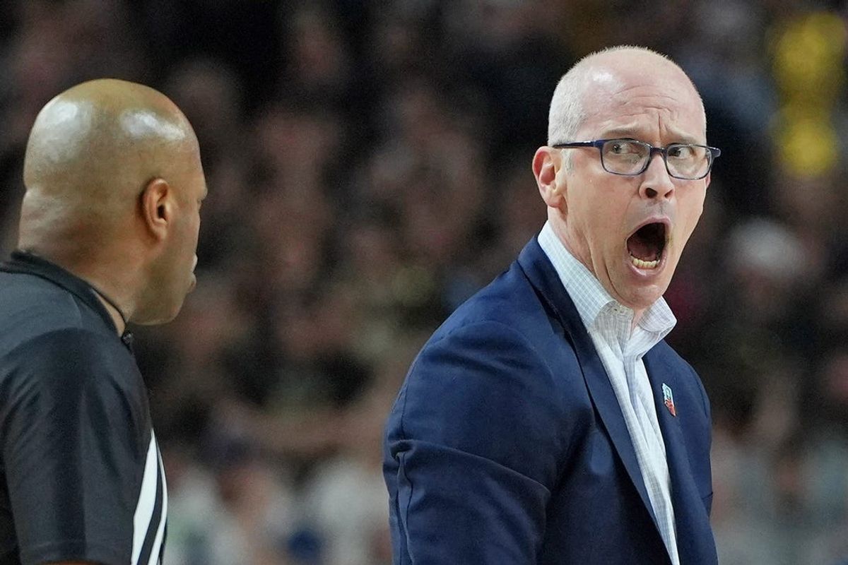Apr 8, 2024; Glendale, AZ, USA; Connecticut Huskies head coach Dan Hurley reacts after a call following a play against the Purdue Boilermakers during the first half of the national championship game of the Final Four of the 2024 NCAA Tournament at State Farm Stadium. Mandatory Credit: Bob Donnan-USA TODAY Sports